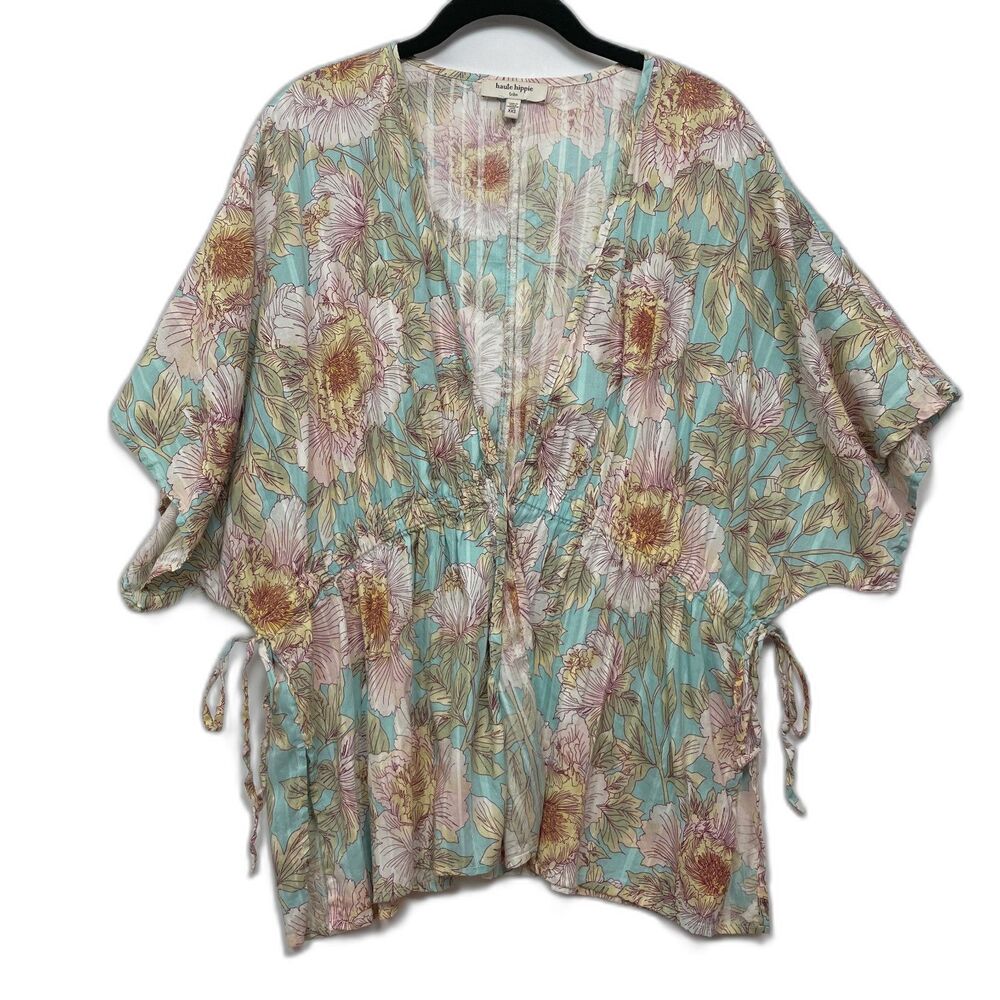 Haute Hippie Tribe Claire Floral Kimono Light Blue XXS Lightweight Cotton Blend